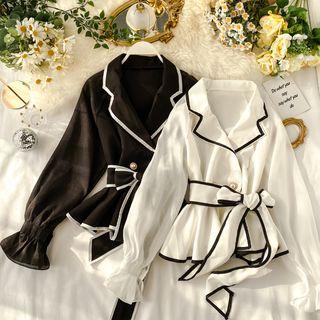 Long-sleeve Contrast-trim Sashed Shirt