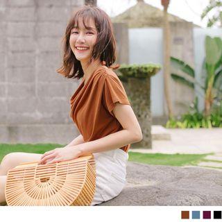 Cowl-neck Short-sleeve Plain Top