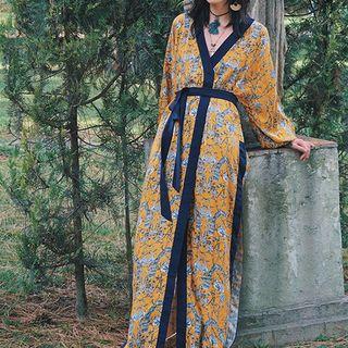 Printed Long-sleeve V-neck Tie-waist Midi Dress As Shown In Figure - One Size