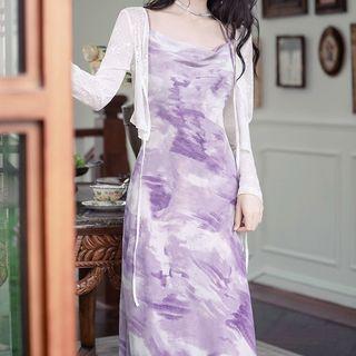 Spaghetti Strap Print Bodycon Dress / Lace Light Jacket / Set