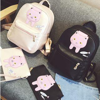 Set: Cat Faux Leather Backpack + Clutch