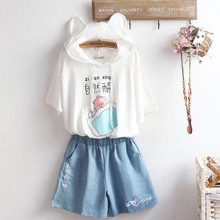 Short-sleeve Hooded Pig Print T-shirt / Cat Embroidered Shorts / Set