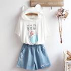 Short-sleeve Hooded Pig Print T-shirt / Cat Embroidered Shorts / Set