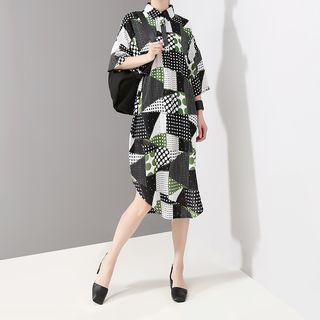 Patterned Panel 3/4-sleeve Shirt Dress