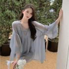 Set: Lantern-sleeve See-through Top + Camisole Top Blue - One Size