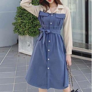 Mock Two-piece Tie-waist Button Midi A-line Dress