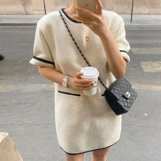 Short-sleeve Contrast-lining Tweed Mini Dress