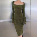 Long Sleeve Square-neck Ruffled-trim Knitted Midi Dress