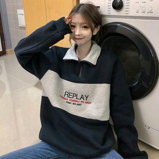 Fleece-lined Half-zip Stand Collar Color Block Sweatshirt
