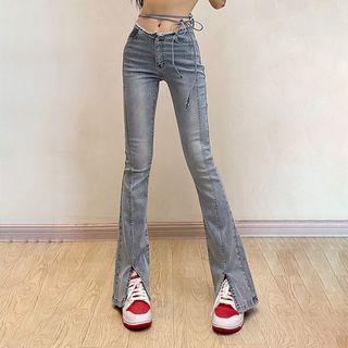 Tie-waist Slit-hem Bootcut Jeans