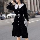 Embroidered Collar Buttoned Velvet Dress With Belt