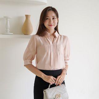 Elbow-sleeve Dual-pocket Satin Blouse