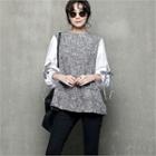 Beribboned Contrast-sleeve Tweed Top