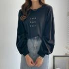 Balloon-sleeve Letter Embroidered T-shirt
