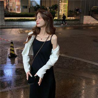 Plain A-line Dress / Plain Button-up Cropped Cardigan