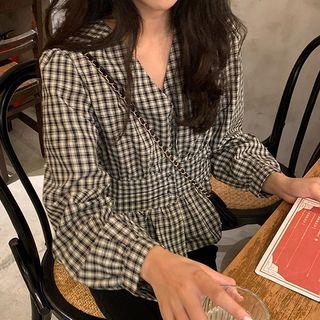 V-neck Plaid Peplum Blouse As Shown In Figure - One Size