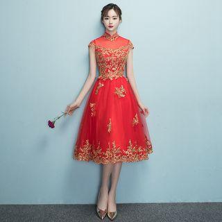 Mandarin Collar Short-sleeve Embroidered A-line Cocktail Dress