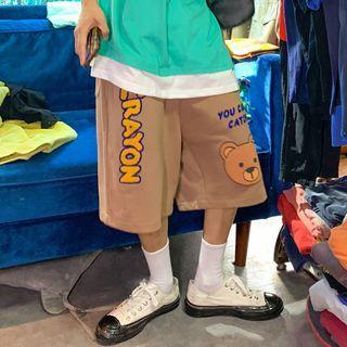 Drawstring-waist Cartoon Bear Print Straight-cut Shorts
