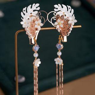 Set Of 2: Flower Leaf Alloy Hair Clip Set - 1 Pair - Gold & Purple & White - One Size