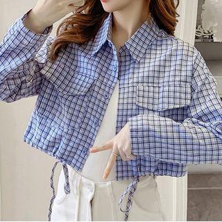 Set: Lettering Plaid Cropped Shirt + Plain Tank Top