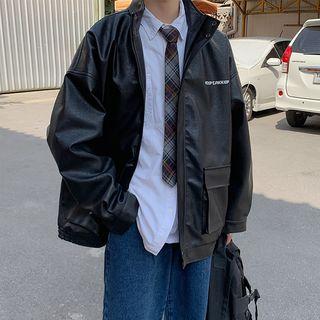 Letter Print Faux Leather Jacket