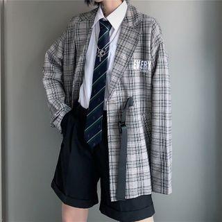 Lettering Embroidered Plaid Buckled Blazer