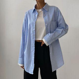 Long Sleeve Collar Striped Loose-fit Shirt