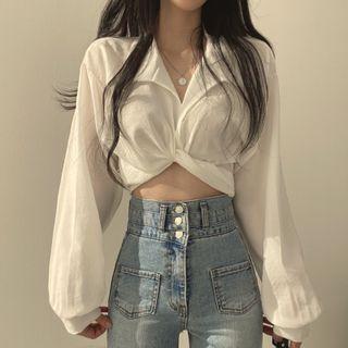 Long-sleeve V-neck Plain Knotted Ribbon Back Cropped Shirt