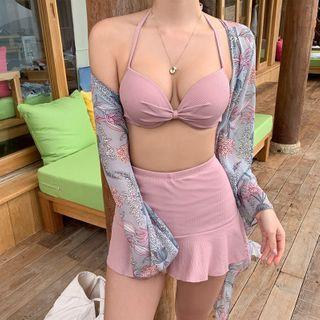 Set: Halter-neck Bikini Top + Swim Skort + Floral Cover-up