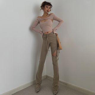 Tie-accent Cutout Boot-cut Pants