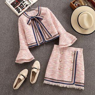 Set: Bell-sleeve Bow Accent Jacket + Mini A-line Skirt