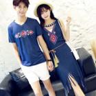 Couple Matching Print T-shirt / Fringe Hem Sleeveless Dress