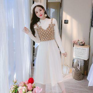 Set: Long-sleeve Mesh-panel Knit Dress + Bow Cropped Vest