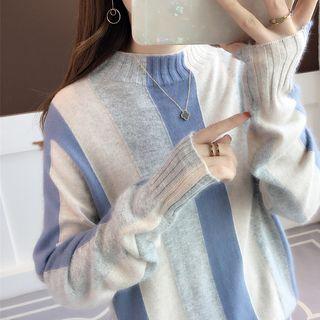 Mock-turtleneck Color-block Long-sleeve Knit Sweater