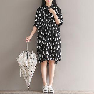 Cat Print Elbow-sleeve Shirt Dress