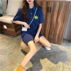 Elbow-sleeve Floral Detail Polo Shirt Dress