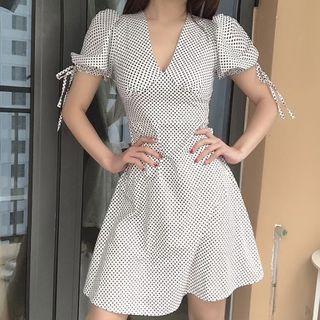 Puff Sleeve V Neck Dotted A-line Dress
