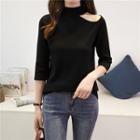 Shoulder Cut Out Elbow-sleeve Knit Top