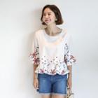 3/4-sleeve Embroidered Top Ivory - One Size