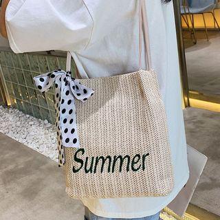 Embroidered Letters Straw Shoulder Bag