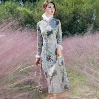Flower Print Knit Midi A-line Qipao Dress