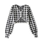 Puff Sleeve V-neck Plaid Crop Cardigan