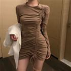 Plain Drawstring Shirred Mini Bodycon Dress