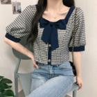 Short-sleeve Bow Plaid Cropped Blouse