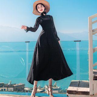 Set: Long-sleeve Mesh Top + Midi Spaghetti Strap A-line Dress