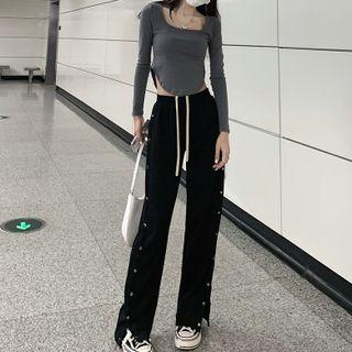 Long-sleeve Plain T-shirt / High-waist Slit Wide-leg Pants