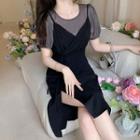 Mock Two-piece Short-sleeve Slit A-line Dress