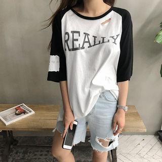 Elbow Raglan-sleeve Lettering Ripped T-shirt