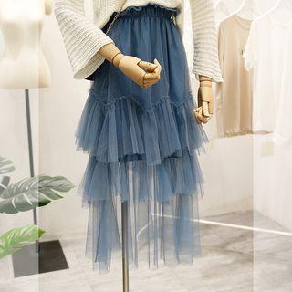 Tiered Midi Mesh Skirt Blue - One Size