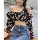 Long-sleeve Off-shoulder Floral Print Chiffon Top Pink Floral - Black - One Size